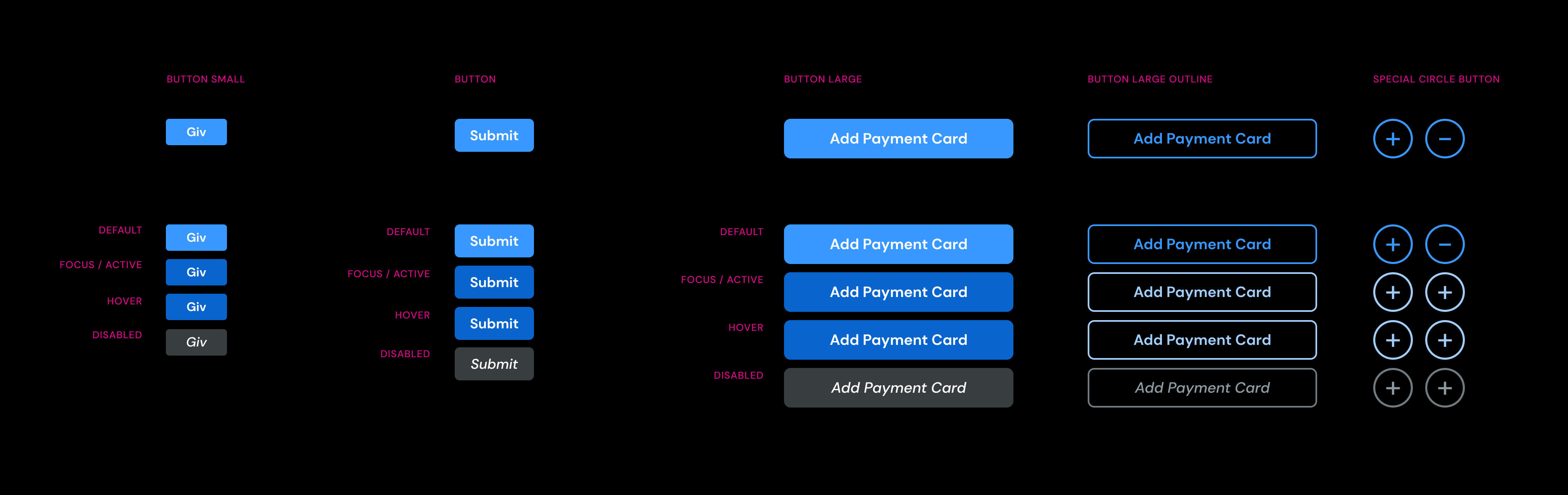 Button samples from the design system shown in various user states for the dark theme.