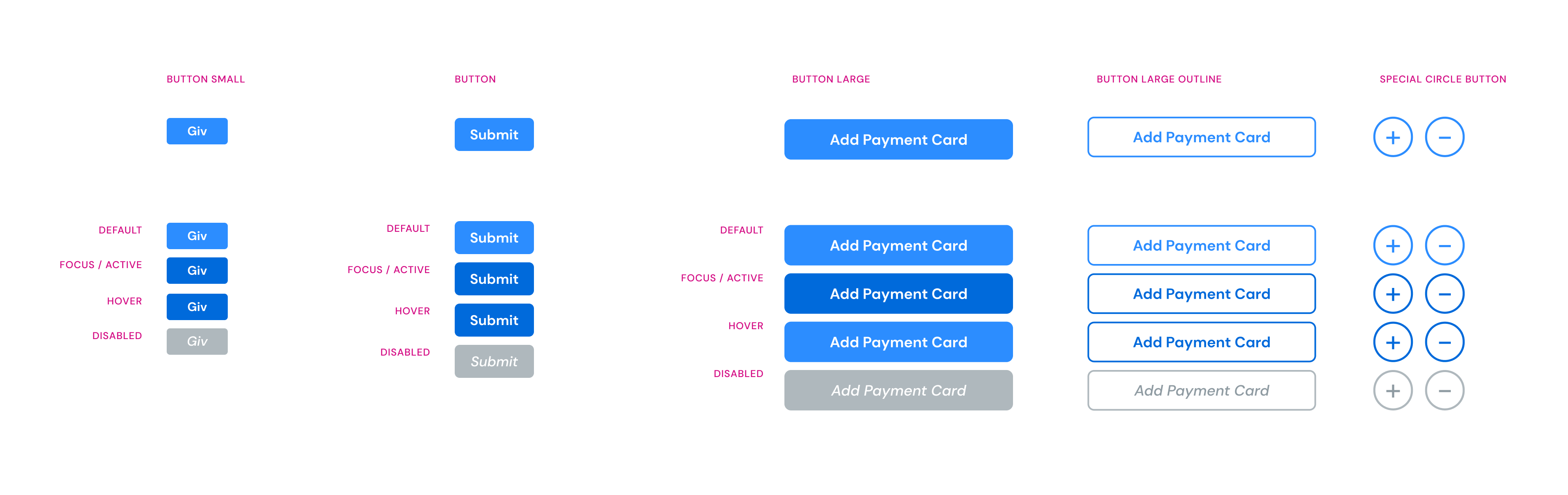 Button samples from the design system shown in various user states for the light theme.