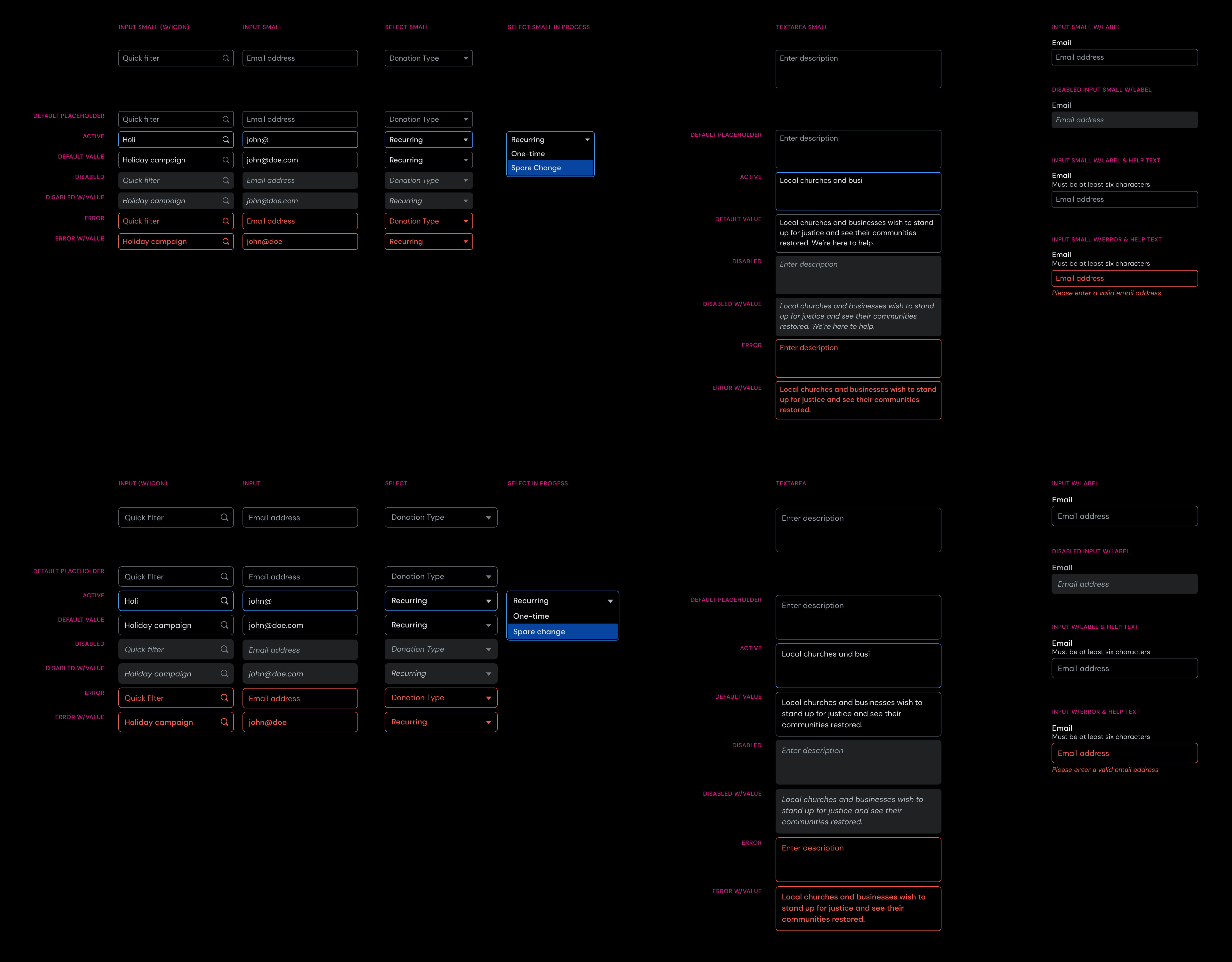 Input samples from the design system shown in various user states for the dark theme.