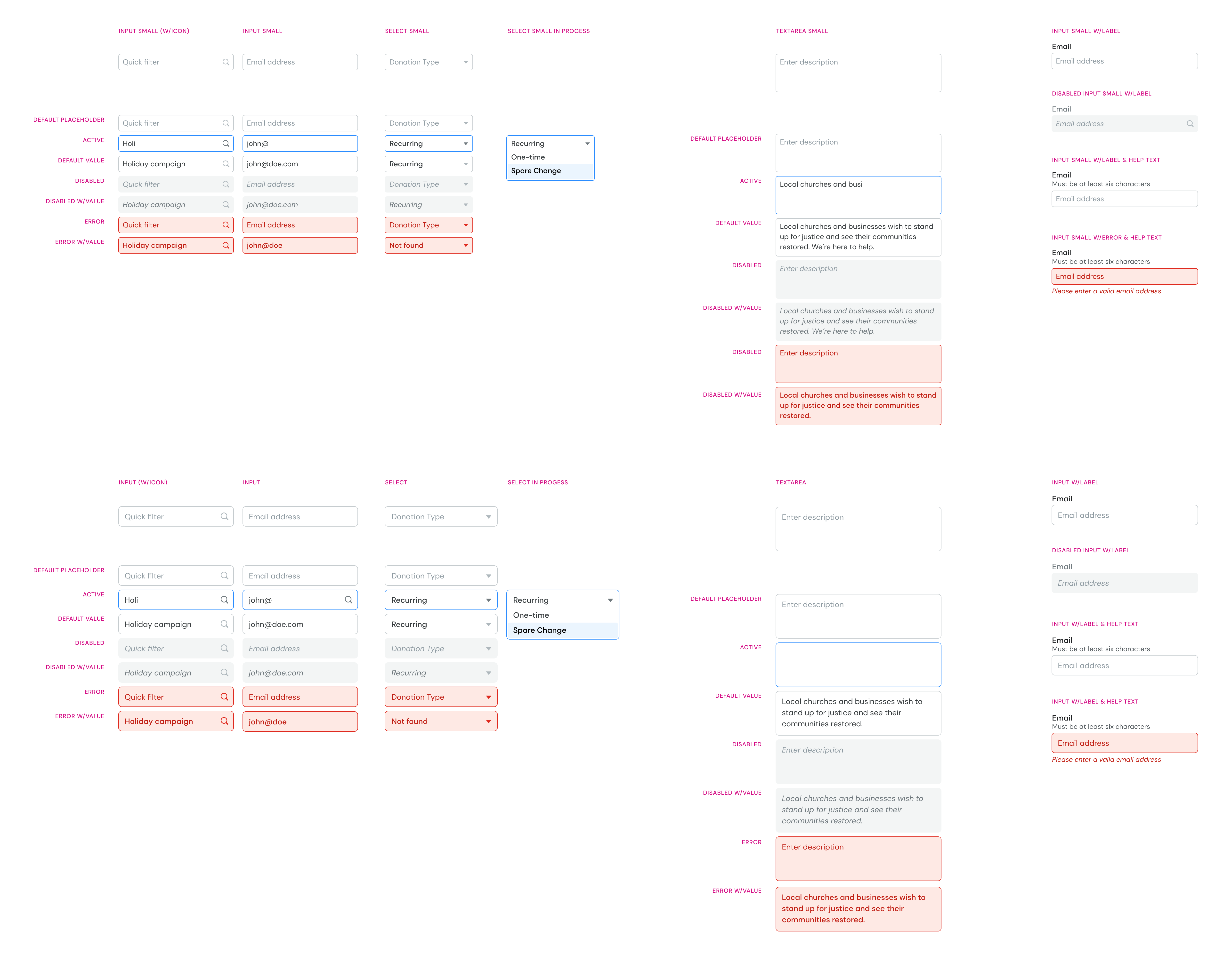 Input samples from the design system shown in various user states for the light theme.