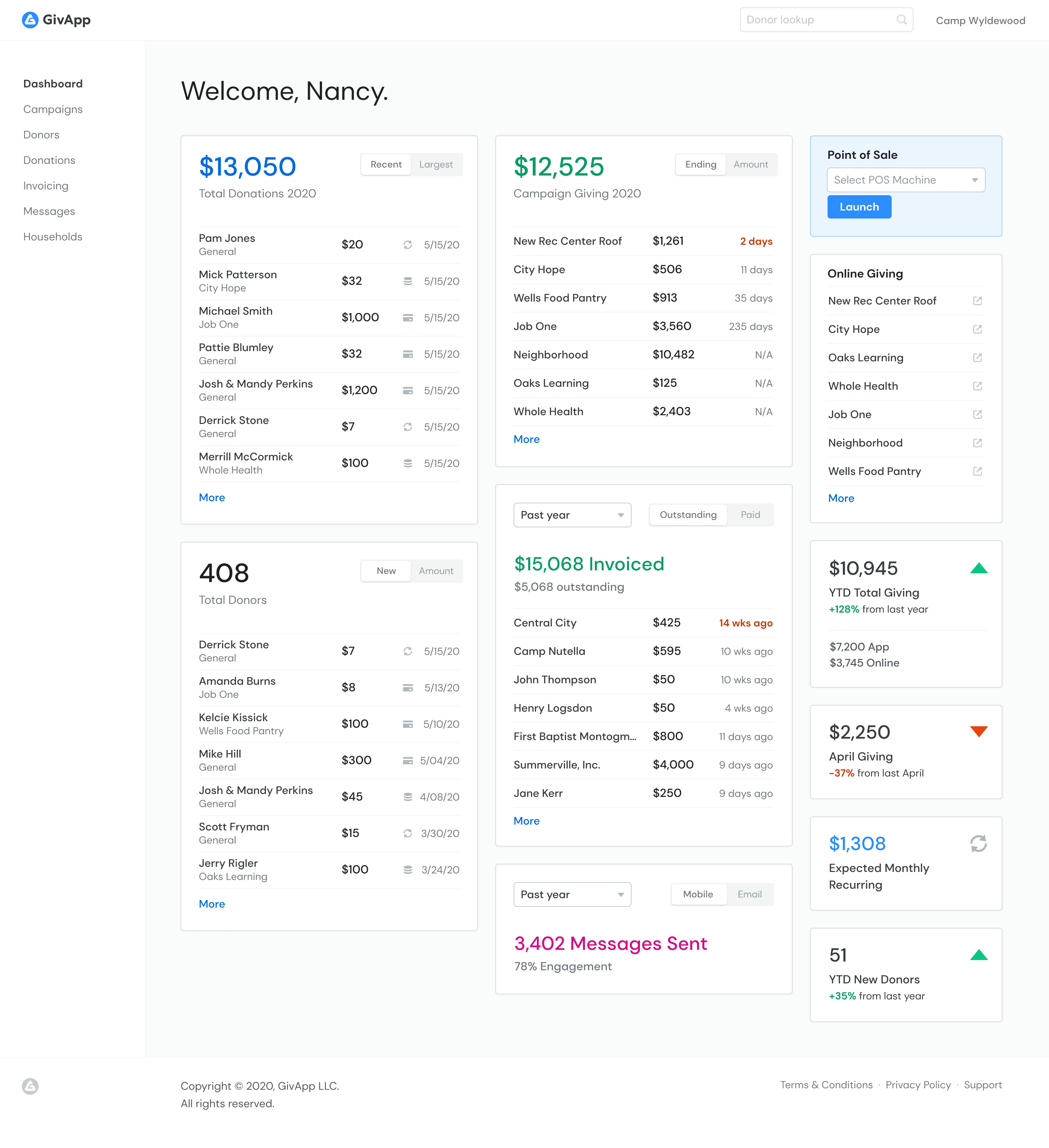 The main dashboard view for the web app showing summary data for the client laid out in various cards.