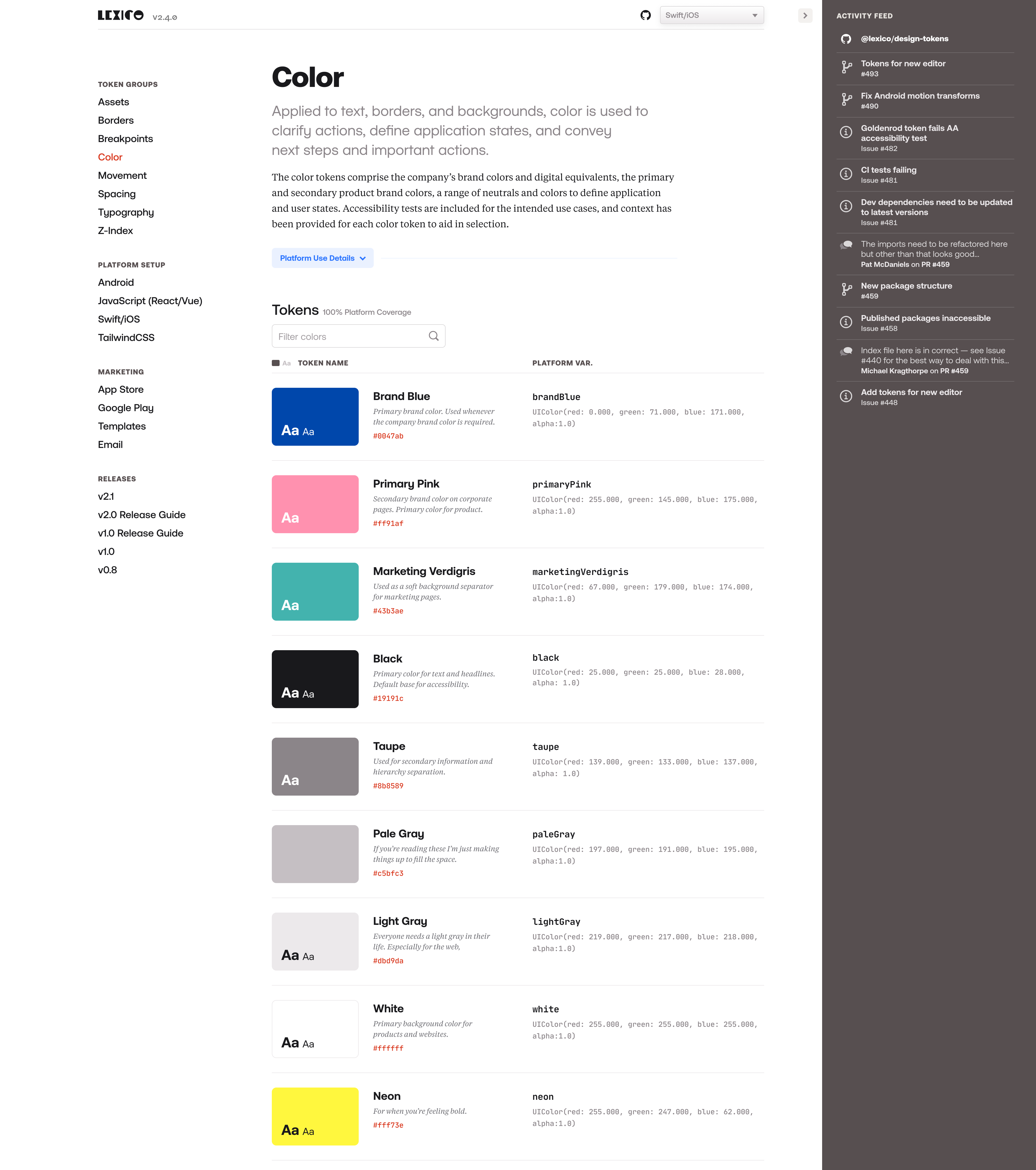 Example mockup of the color page for the design system showing a list view of the available colors with example swatches and variable and value information.