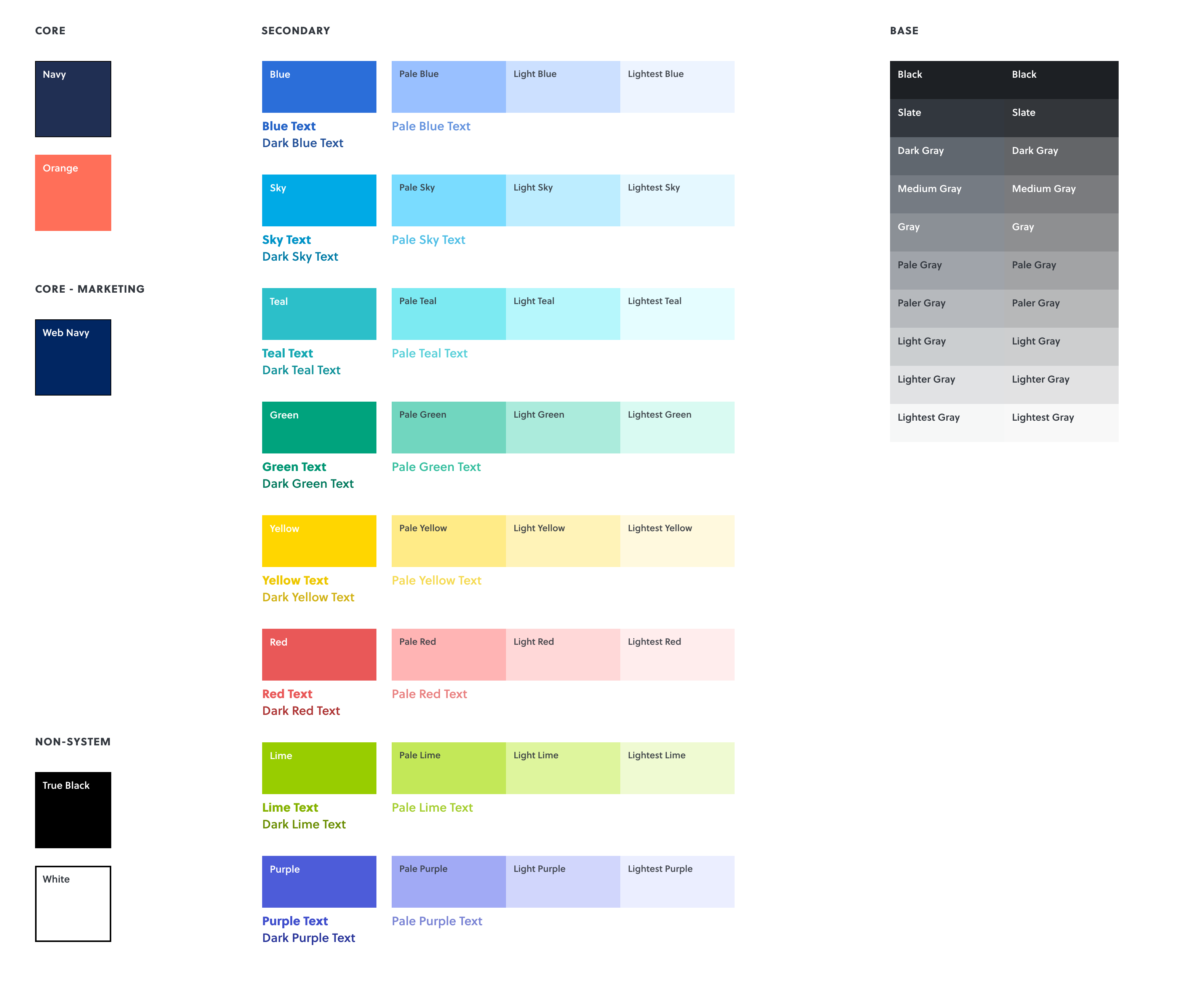 A color palette displaying the colors available in the design system.