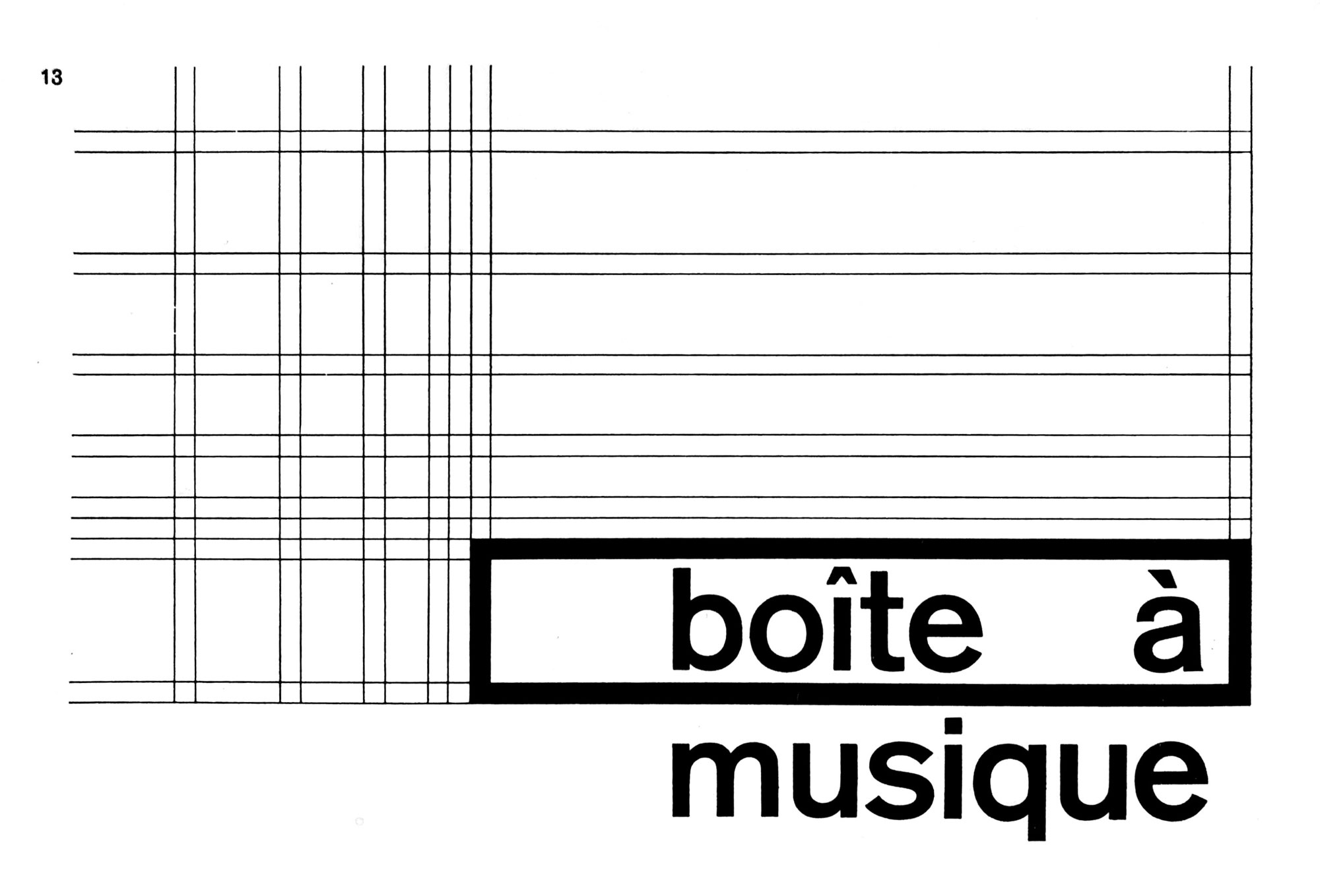 Boîte à musique typeset in a medium sans serif surrounded by a rectangle with criss-crossed grid guides showing the various layout options