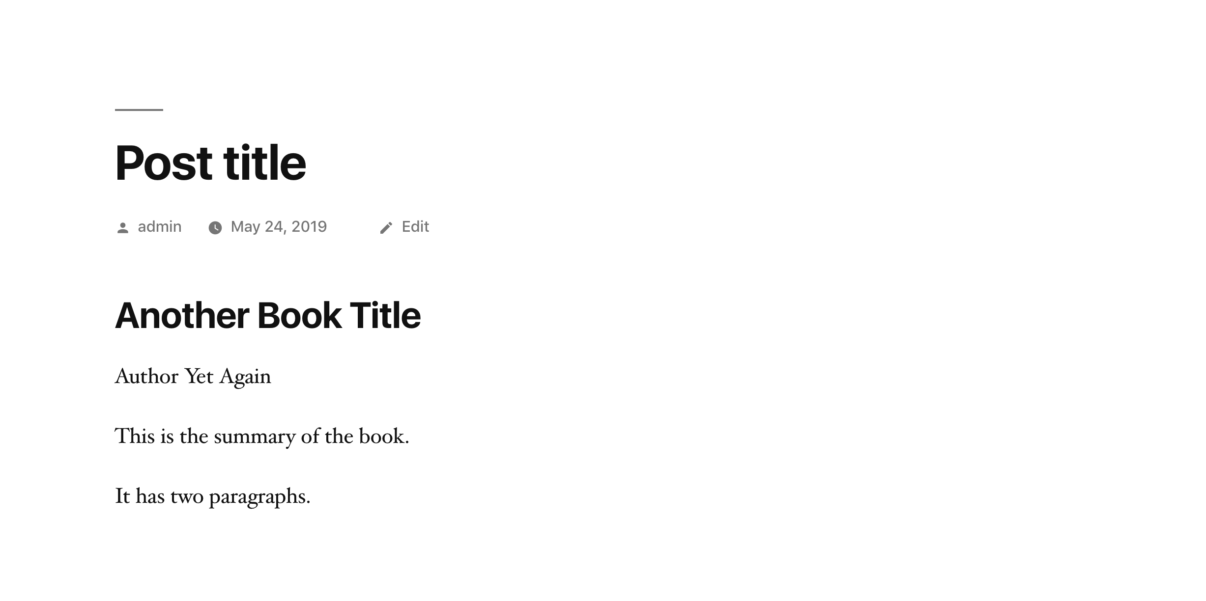 Screenshot showing final render of the custom book block content on the frontend